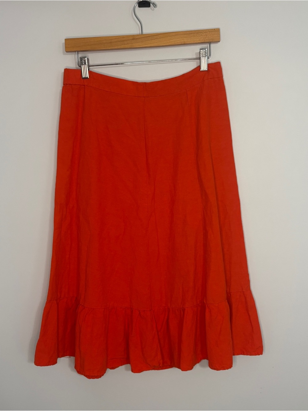 O.P.T. Orange Midi Skirt Ruffle Hem Flax & Viscose Cottage Boho Beach Sz Large